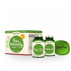 GREENFOOD NUTRITION - BOX IMMUNITY - IMMUNRENDSZER TÁMOGATÓ CSOMAG C- ÉS D-VITAMINOKKAL, AJÁNDÉK TABLETTATARTÓVAL