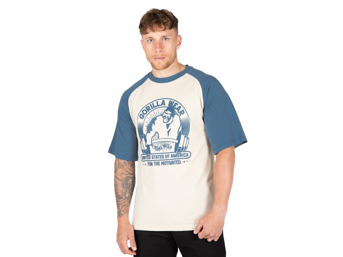GORILLA WEAR - LOGAN OVERSIZED T-SHIRT - BEIGE/BLUE - FÉRFI PÓLÓ - BÉZS/KÉK GORILLA WEAR - LOGAN OVERSIZED T-SHIRT - BEIGE/BLUE - FÉRFI PÓLÓ - BÉZS/KÉK