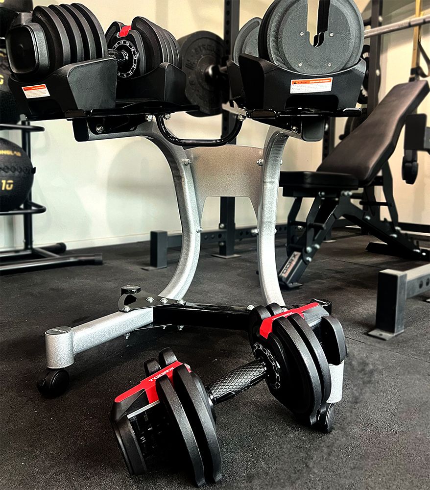 TOORX FITNESS - SELECTOR DUMBBELL PAIR WITH ROLLING STATION - ÁLLÍTHATÓ KÉZISÚLYZÓ PÁRBAN GURULÓ ÁLLVÁNNYAL