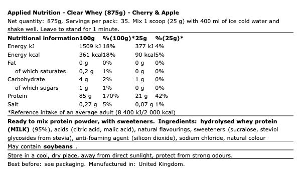 APPLIED NUTRITION - CLEAR WHEY PROTEIN - HYDROLIZED WHEY PROTEIN ISOLATE - 875 G APPLIED NUTRITION - CLEAR WHEY PROTEIN - HYDROLIZED WHEY PROTEIN ISOLATE - 875 G