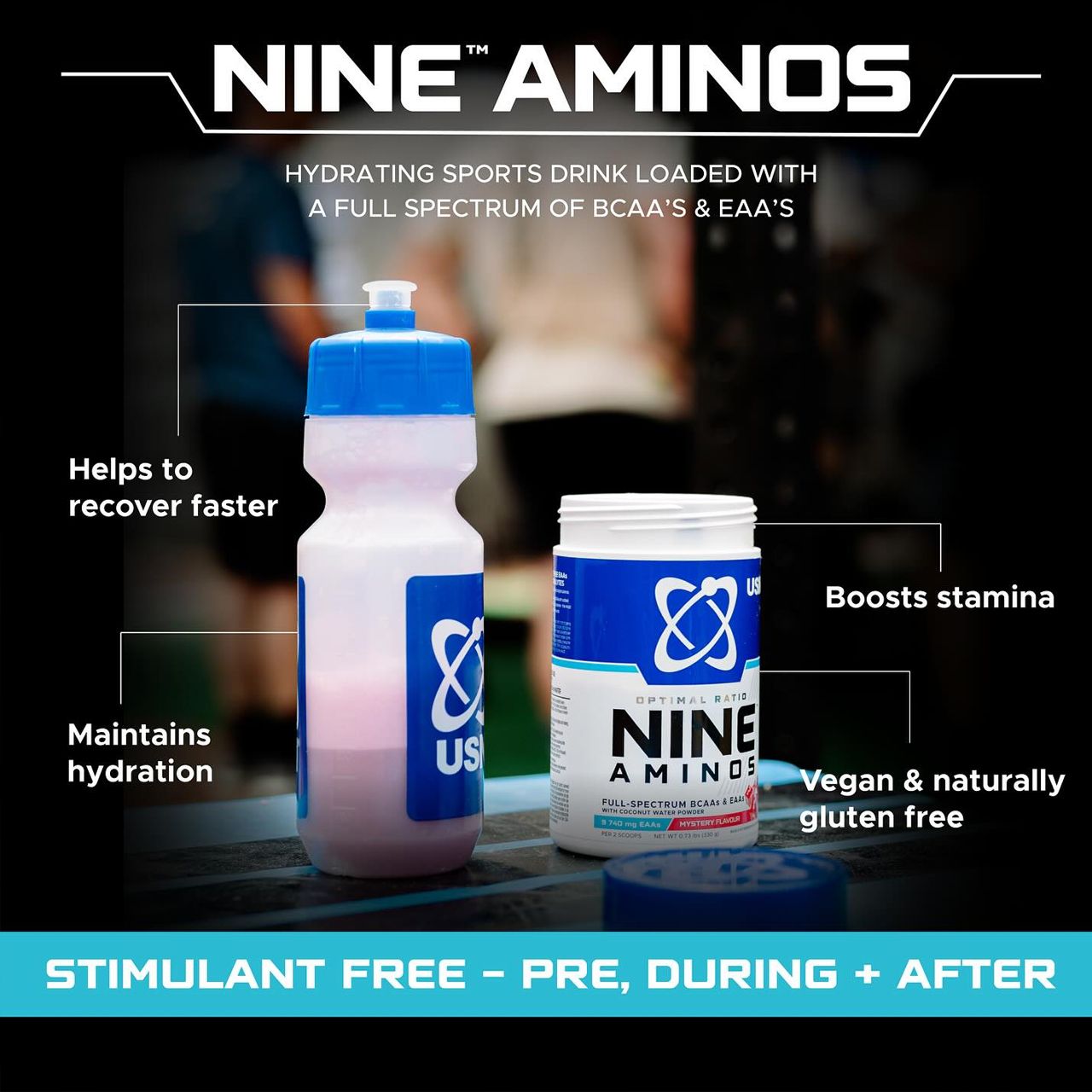 USN - NINE AMINOS - FULL SPECTRUM BCAAS & EAAS WITH COCONUT WATER POWDER - 330 G - GRAPE FIZZY