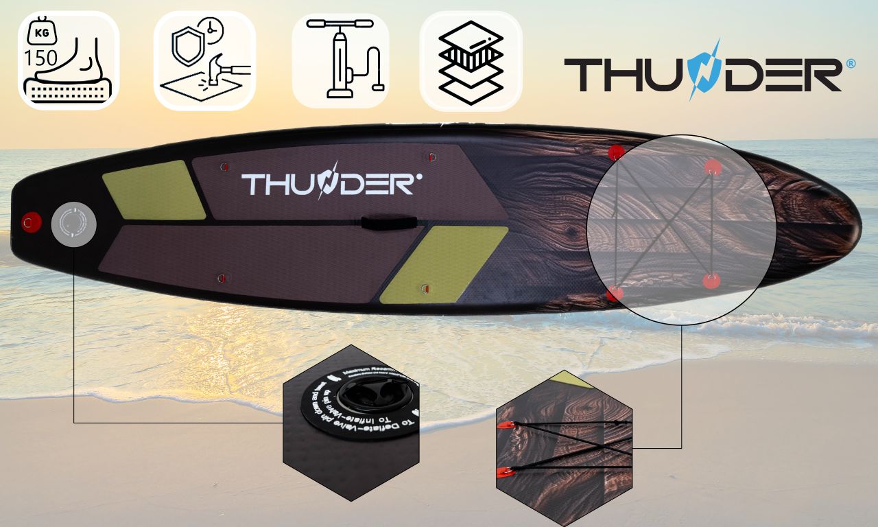 THUNDER OUTDOOR - WOOD SUP BOARD - SUP DESZKA KIEGÉSZÍTŐKKEL - 320 X 76 X 15 CM, BEMUTATÓTERMI DARAB