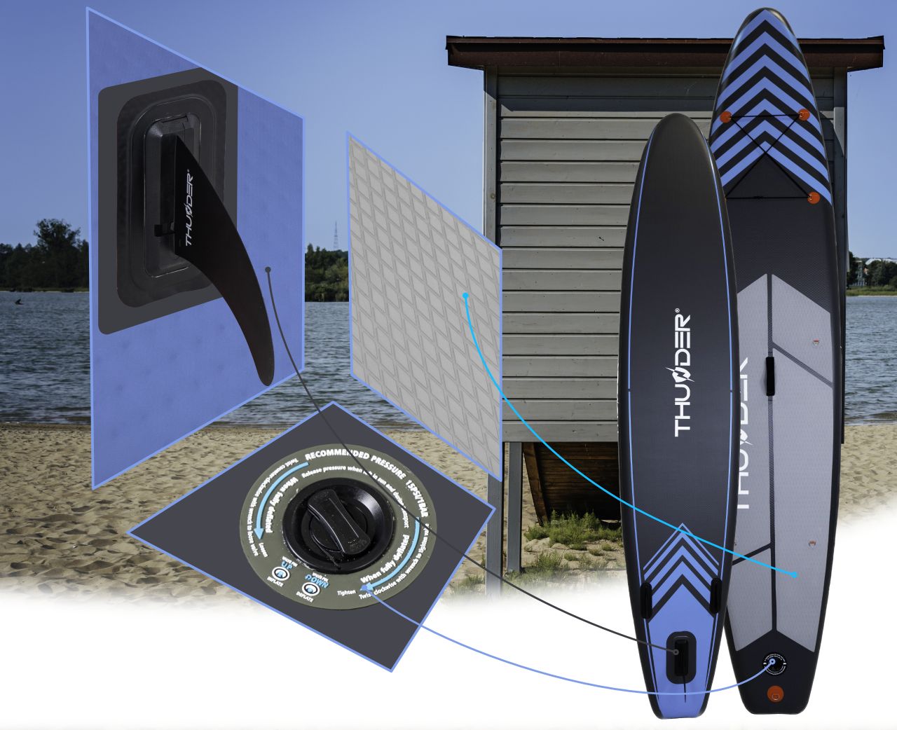 THUNDER OUTDOOR - STEEL BLUE XXL SUP BOARD - SUP DESZKA KIEGÉSZÍTŐKKEL - 365 X 75 X 15 CM