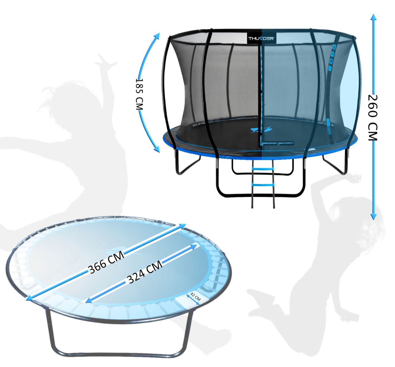 THUNDER OUTDOOR - INSIDE ULTRA 12 FT, BLUE - BELSŐ HÁLÓS SPORT TRAMBULIN 374 CM, FEKETE-KÉK