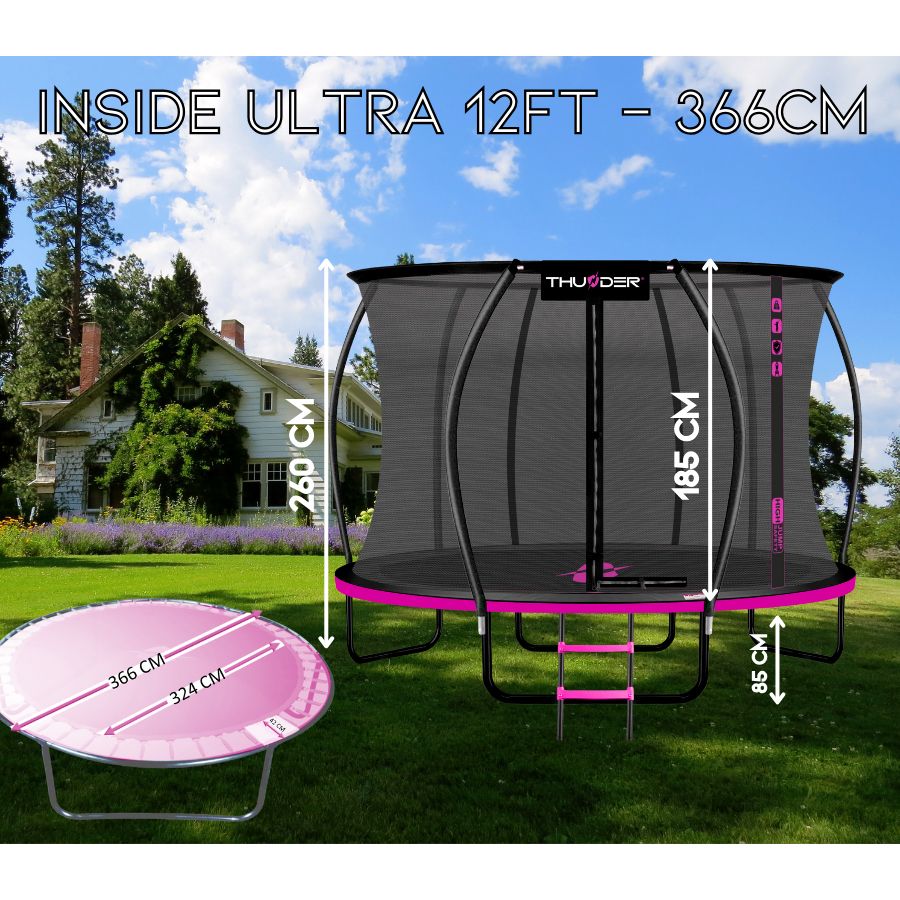 THUNDER OUTDOOR - INSIDE ULTRA 12 FT, PINK - BELSŐ HÁLÓS SPORT TRAMBULIN 374 CM, FEKETE-PINK