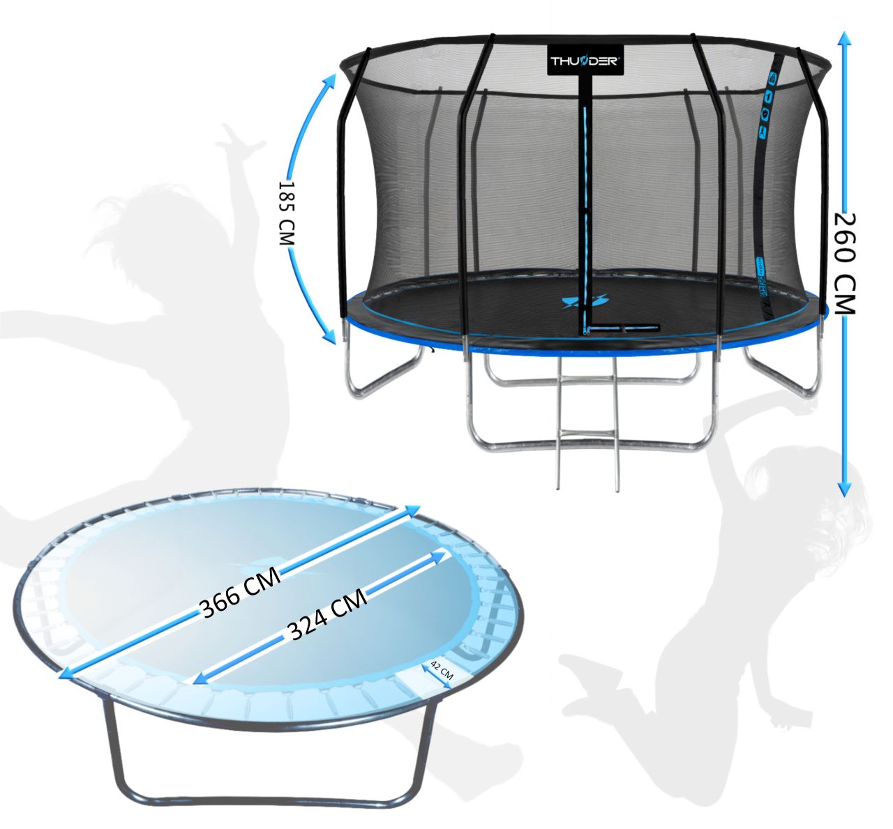 THUNDER OUTDOOR - INSIDE ELITE 12 FT, BLUE - BELSŐ HÁLÓS SPORT TRAMBULIN 374 CM, FEKETE-KÉK