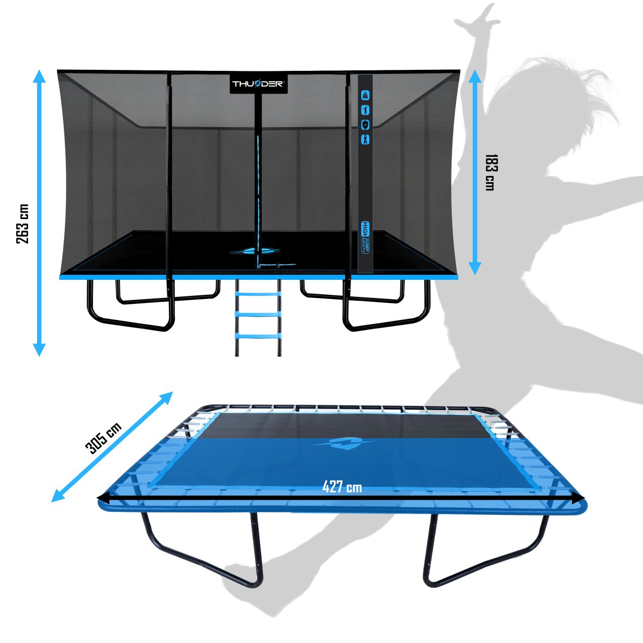 THUNDER OUTDOOR - OUTSIDE PHENOM 10 X 14 FT, BLUE - KÜLSŐ HÁLÓS SPORT TRAMBULIN 305 X 427 CM, FEKETE-KÉK