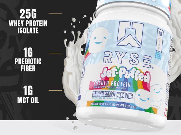 RYSE - LOADED PROTEIN - PREMIUM WHEY PROTEIN WITH MCTs - 678 G - JET-PUFFED MARSHMALLOW FLAVOR RYSE - LOADED PROTEIN - PREMIUM WHEY PROTEIN WITH MCTs - 678 G - JET-PUFFED MARSHMALLOW FLAVOR