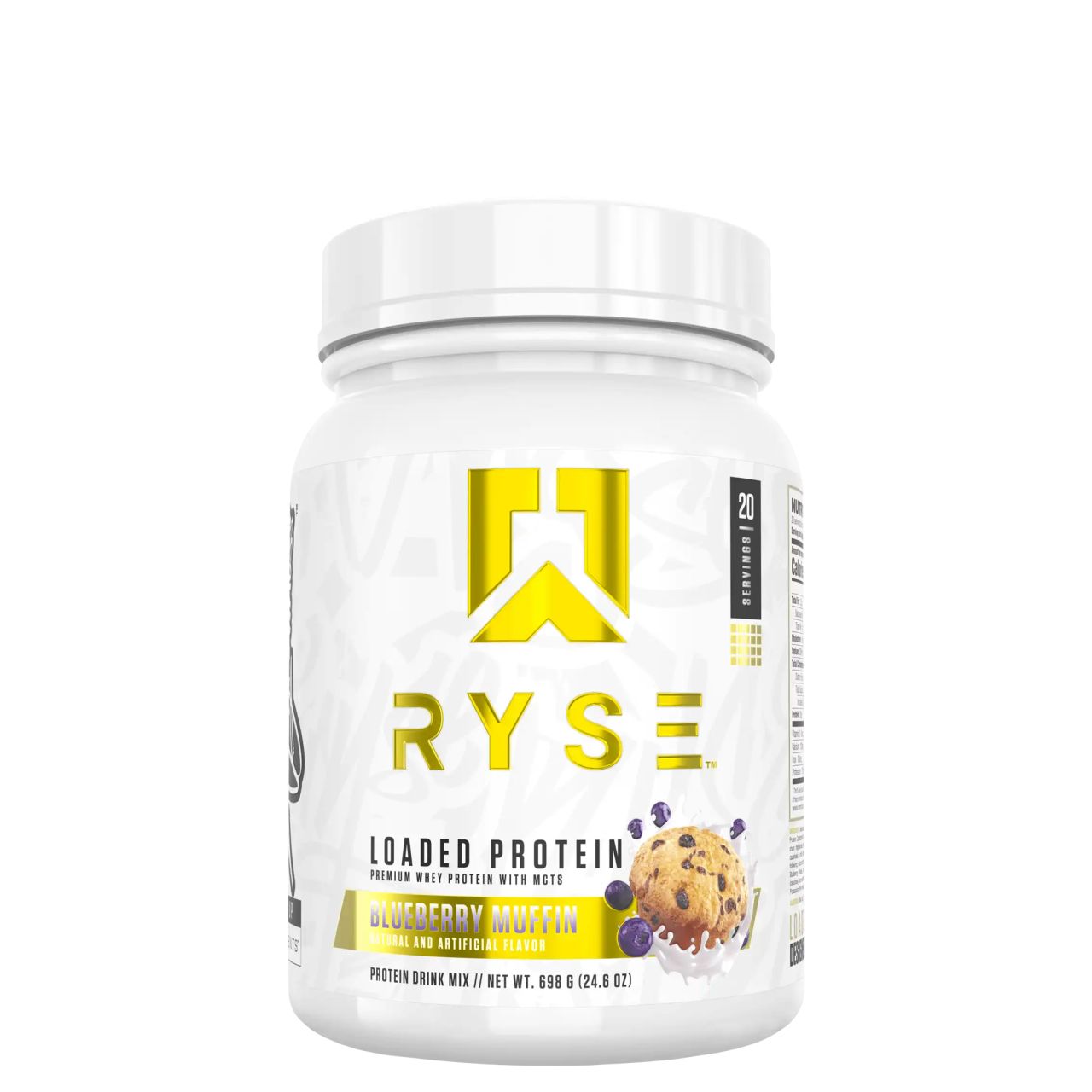RYSE - LOADED PROTEIN - PREMIUM WHEY PROTEIN WITH MCTs - 698 G - BLUEBERRY MUFFIN FLAVOR RYSE - LOADED PROTEIN - PREMIUM WHEY PROTEIN WITH MCTs - 698 G - BLUEBERRY MUFFIN FLAVOR