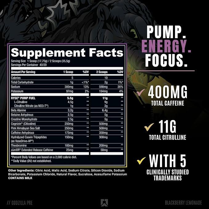 RYSE - GODZILLA PRE-WORKOUT - 732 G - BLACKBERRY-LEMONADE FLAVOR