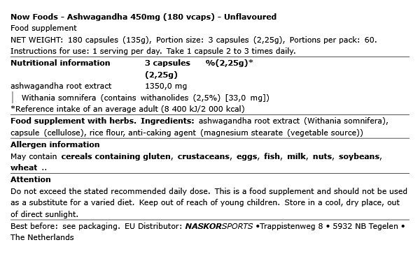 NOW - ASHWAGANDHA 450MG - 180 KAPSZULA