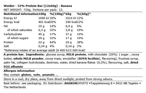WEIDER - 32% PROTEIN BAR - 12 X 60 G WEIDER - 32% PROTEIN BAR - 12 X 60 G