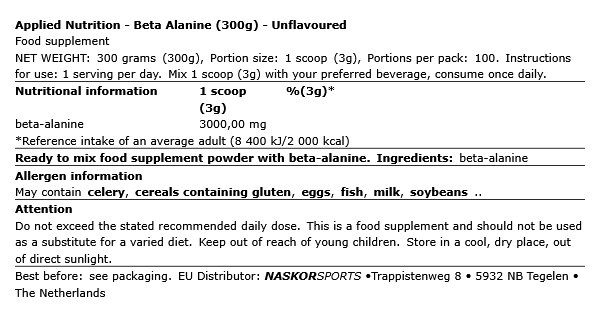 APPLIED NUTRITION - BETA ALANINE - ÍZESÍTETLEN - 300 G APPLIED NUTRITION - BETA ALANINE - ÍZESÍTETLEN - 300 G