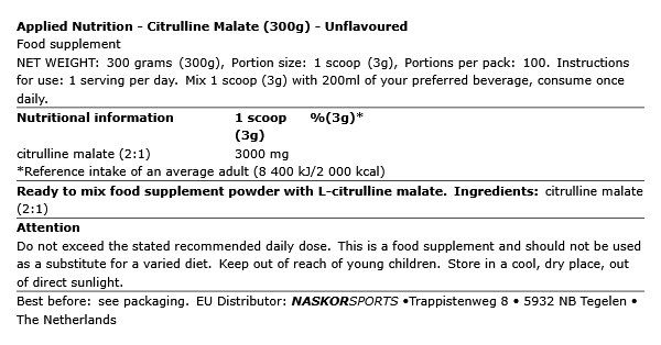 APPLIED NUTRITION - CITRULLINE MALATE - ÍZESÍTETLEN - 300 G