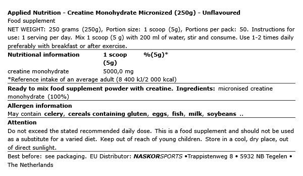 APPLIED NUTRITION - CREATINE MONOHYDRATE MICRONIZED - ÍZESÍTETLEN - 250 G APPLIED NUTRITION - CREATINE MONOHYDRATE MICRONIZED - ÍZESÍTETLEN - 250 G