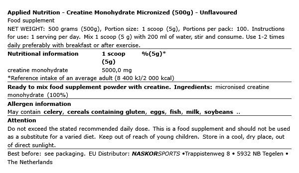 APPLIED NUTRITION - CREATINE MONOHYDRATE MICRONIZED - ÍZESÍTETLEN - 500 G