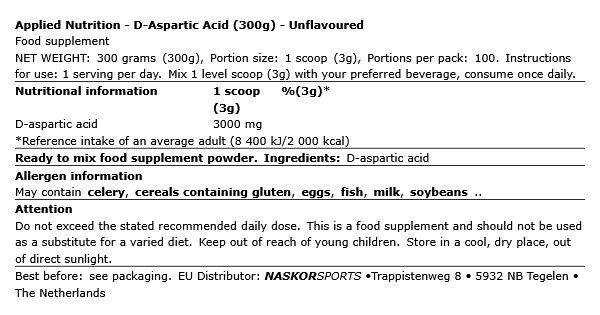 APPLIED NUTRITION - D-ASPARTIC ACID - ÍZESÍTETLEN - 300 G