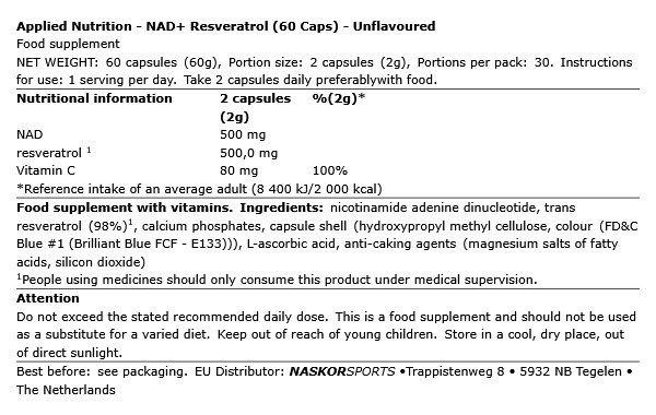 APPLIED NUTRITION - NAD+ RESVERATROL - 60 KAPSZULA