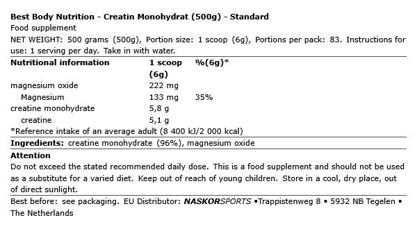 BEST BODY - CREATIN MONOHYDRAT - ÍZESÍTETLEN - 500 G BEST BODY - CREATIN MONOHYDRAT - ÍZESÍTETLEN - 500 G