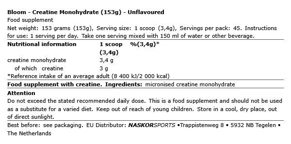 BLOOM - CREATINE MONOHYDRATE - ÍZESÍTETLEN - 153 G BLOOM - CREATINE MONOHYDRATE - ÍZESÍTETLEN - 153 G