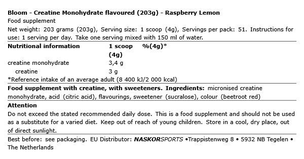 BLOOM - CREATINE MONOHYDRATE FLAVOURED - RASPBERRY LEMON - 203 G BLOOM - CREATINE MONOHYDRATE FLAVOURED - RASPBERRY LEMON - 203 G