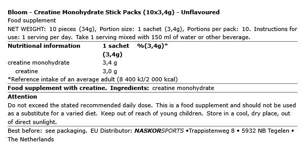 BLOOM - CREATINE MONOHYDRATE STICK PACKS - 10 X 3,4 G BLOOM - CREATINE MONOHYDRATE STICK PACKS - 10 X 3,4 G