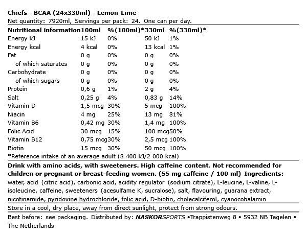 CHIEFS - BCAA - LEMON-LIME - 24 X 330 ML
