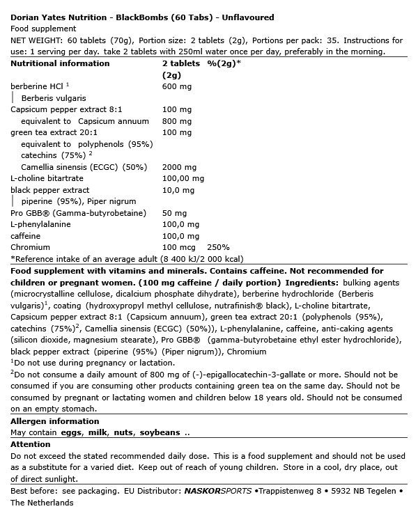 DORIAN YATES NUTRITION - BLACKBOMBS - 60 TABLETTA DORIAN YATES NUTRITION - BLACKBOMBS - 60 TABLETTA