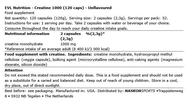 EVL NUTRITION - CREATINE 1000 - 120 KAPSZULA EVL NUTRITION - CREATINE 1000 - 120 KAPSZULA
