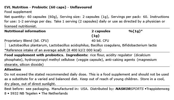 EVL NUTRITION - PROBIOTIC - 60 KAPSZULA EVL NUTRITION - PROBIOTIC - 60 KAPSZULA