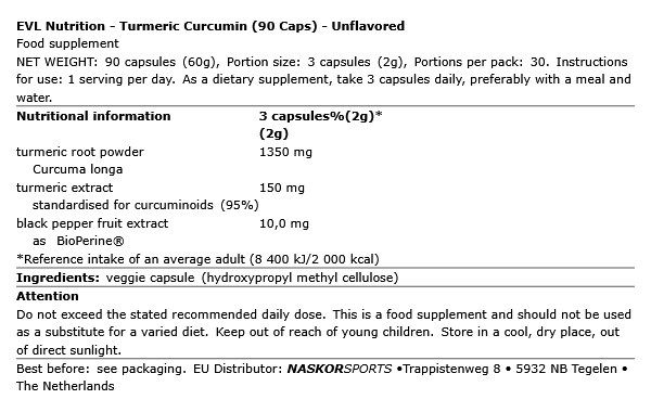EVL NUTRITION - TURMERIC CURCUMIN - 90 KAPSZULA