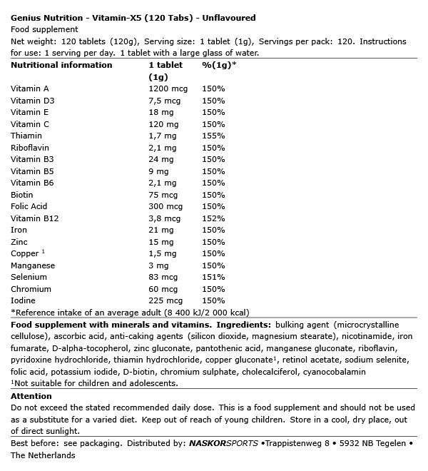 GENIUS NUTRITION - VITAMIN-X5 - 120 TABLETTA GENIUS NUTRITION - VITAMIN-X5 - 120 TABLETTA
