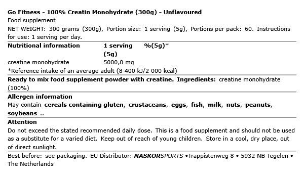 GO FITNESS - 100% CREATIN MONOHYDRATE - ÍZESÍTETLEN - 300 G GO FITNESS - 100% CREATIN MONOHYDRATE - ÍZESÍTETLEN - 300 G