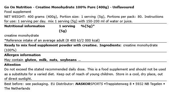 GO ON NUTRITION - CREATINE MONOHYDRATE 100% PURE - ÍZESÍTETLEN - 400 G