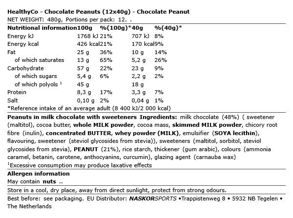 HEALTHYCO - CHOCOLATE PEANUTS - 12 X 40 G HEALTHYCO - CHOCOLATE PEANUTS - 12 X 40 G