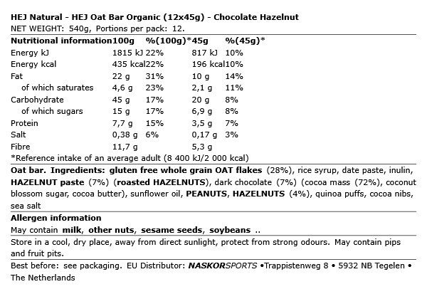 HEJ NATURAL - HEJ OAT BAR ORGANIC - 12 X 45 G HEJ NATURAL - HEJ OAT BAR ORGANIC - 12 X 45 G