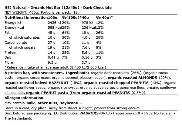 HEJ NATURAL - ORGANIC NUT BAR - 12 X 40 G