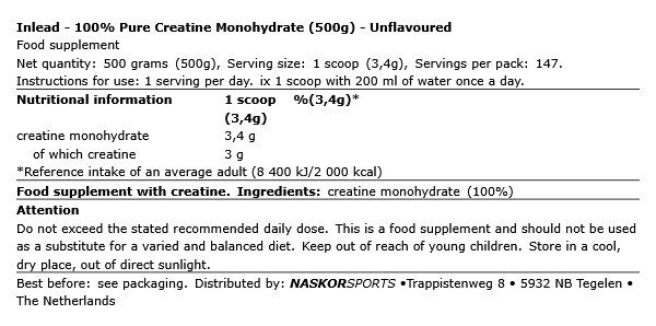 INLEAD - 100% PURE CREATINE MONOHYDRATE - ÍZESÍTETLEN - 500 G
