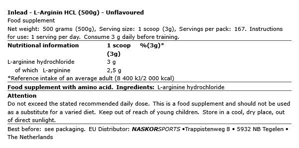 INLEAD - L-ARGININ HCL - ÍZESÍTETLEN - 500 G