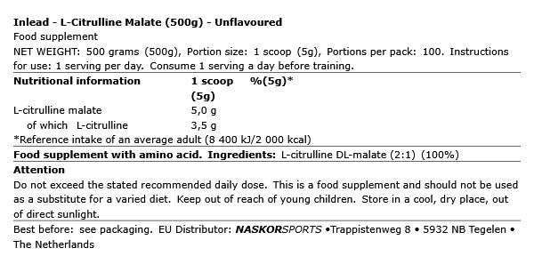 INLEAD - L-CITRULLINE MALATE - ÍZESÍTETLEN - 500 G