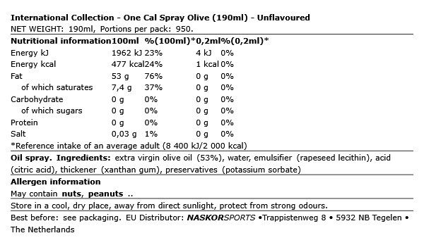INTERNATIONAL COLLECTION - ONE CAL SPRAY OLIVE - ÍZESÍTETLEN - 190 ML
