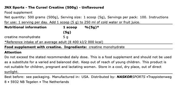 JNX SPORTS - THE CURSE! CREATINE - ÍZESÍTETLEN - 500 G