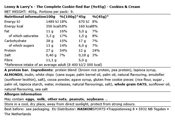 LENNY & LARRY'S - THE COMPLETE COOKIE-FIED BAR - 9 X 45 G