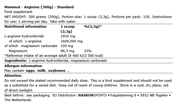 MAMMUT NUTRITION - ARGININE - ÍZESÍTETLEN - 300 G