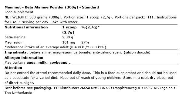 MAMMUT NUTRITION - BETA ALANINE POWDER - ÍZESÍTETLEN - 300 G