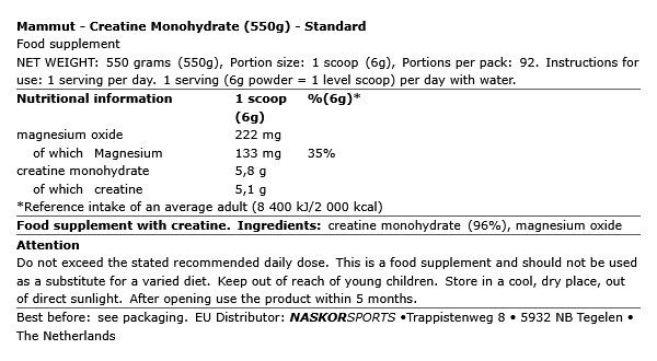 MAMMUT NUTRITION - CREATINE MONOHYDRATE - ÍZESÍTETLEN - 550 G