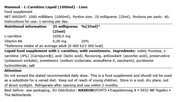 MAMMUT NUTRITION - L-CARNITINE LIQUID - LIME - 1000 ML