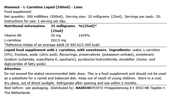 MAMMUT NUTRITION - L-CARNITINE LIQUID - LIME - 500 ML