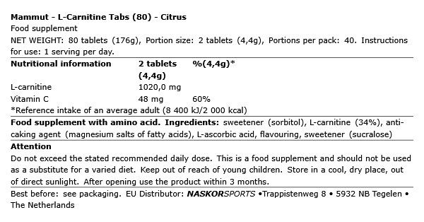 MAMMUT NUTRITION - L-CARNITINE - CITRUS - 80 TABLETTA