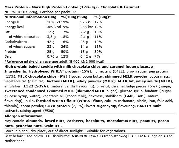 MARS - HIGH PROTEIN COOKIE - CHOCOLATE & CARAMEL - 12 X 60 G MARS - HIGH PROTEIN COOKIE - CHOCOLATE & CARAMEL - 12 X 60 G